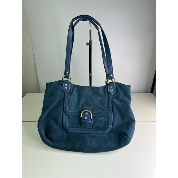 COACH F24688 Green Suede Leather Shoulder Tote Handbag with Front Buckle #3180 - Picture 1 of 8